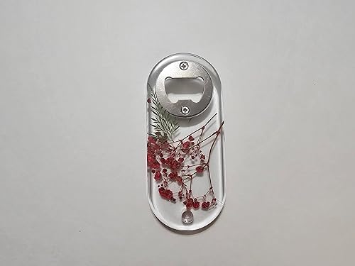 abridor de botella de resina epoxi hecho a mano abrebotella decorativo con iman (transparente con flores rojas)