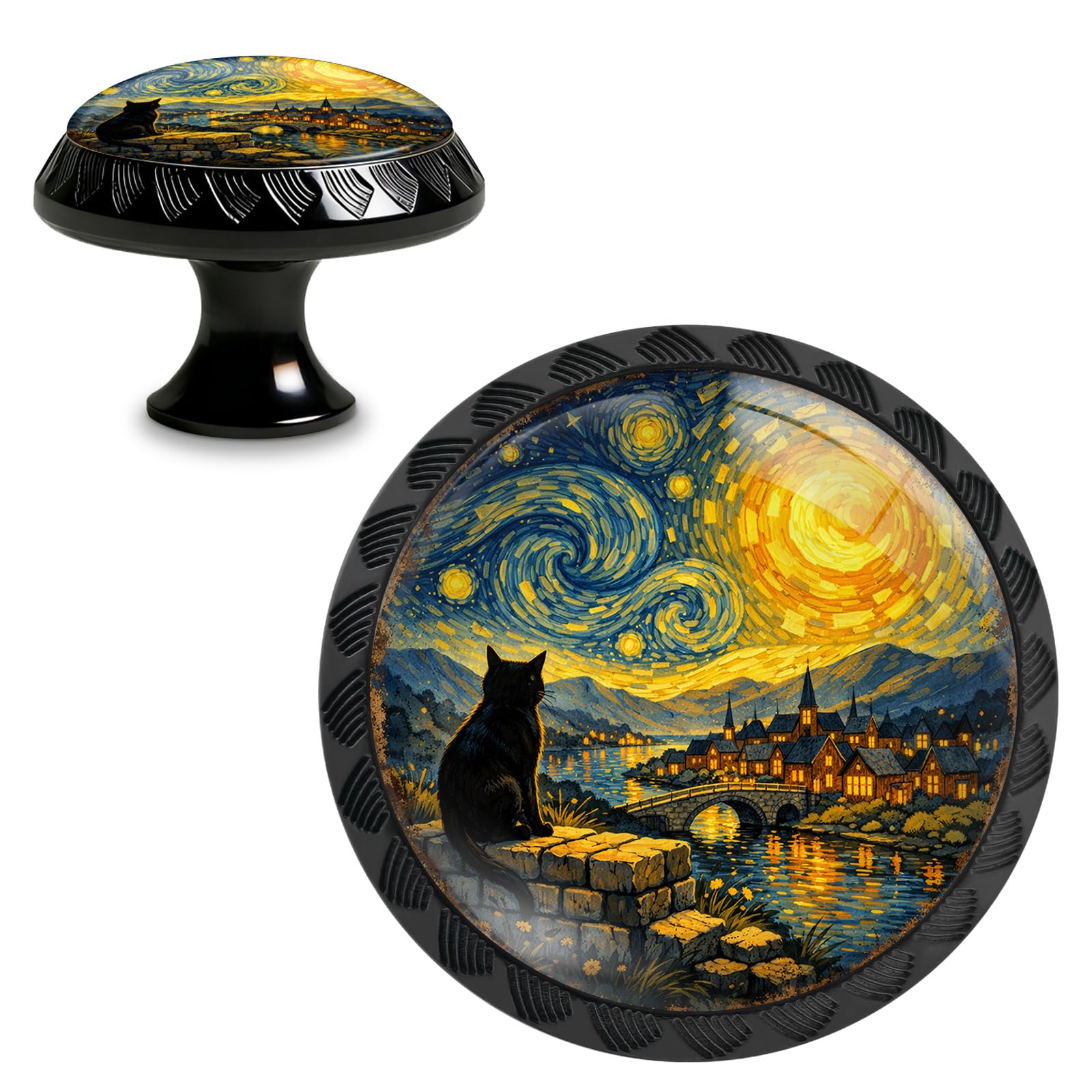 Yiruhe 4 Pack Starry Night Black Cat Cabinet Knobs, Round Crystal Glass Drawer Pulls, Vintage Art Style Decorative Knobs for Dresser Kitchen Wardrobe Cupboard Door Handles