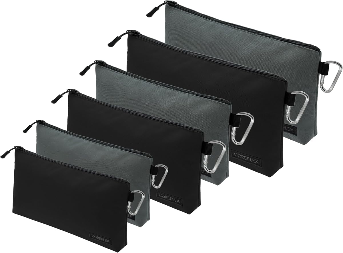 COREFLEX Bolsa de herramientas premium con cremallera, bolsa de herramientas pequeña, bolsa de almacenamiento multiusos, bolsa de herramientas de fondo plano resistente con cremallera YKK (6 paquetes combinados de tamaño mixto negro y gris)
