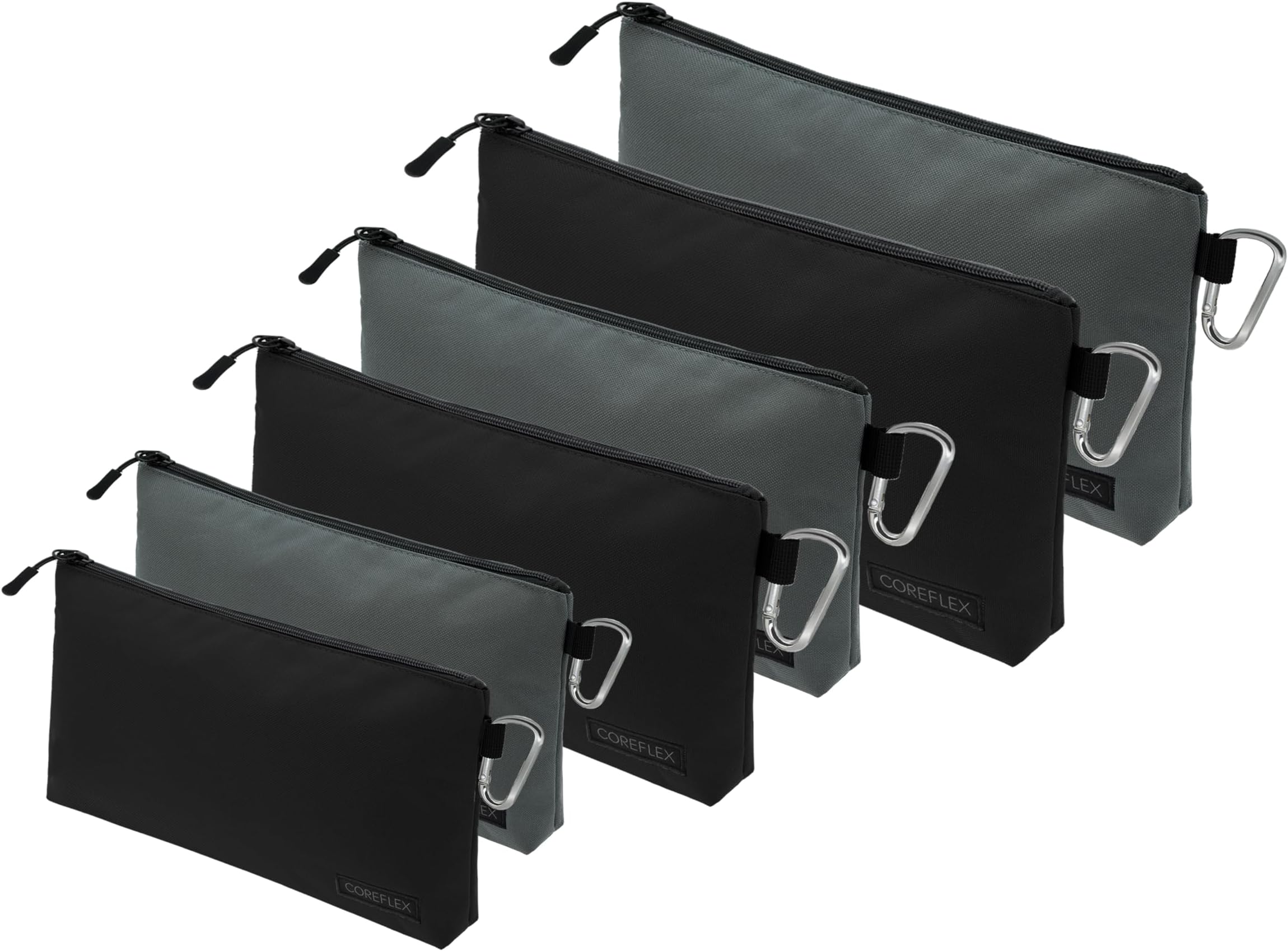 COREFLEX Premium Tool Pouch Zipper Bag, Small Tool Bag, Multipurpose Storage pouch, Heavy duty Flat Bottom Tool bag with YKK Zipper (6 pack Combo mixed size Black &Grey)