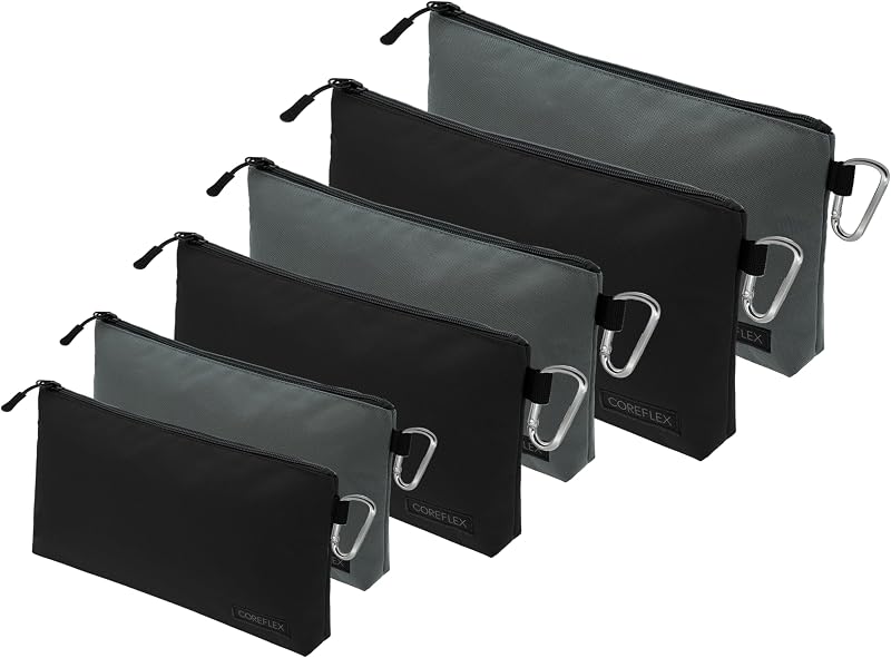 COREFLEX Bolsa de herramientas premium con cremallera, bolsa de herramientas pequeña, bolsa de almacenamiento multiusos, bolsa de herramientas de fondo plano resistente con cremallera YKK (6 paquetes combinados de tamaño mixto negro y gris)