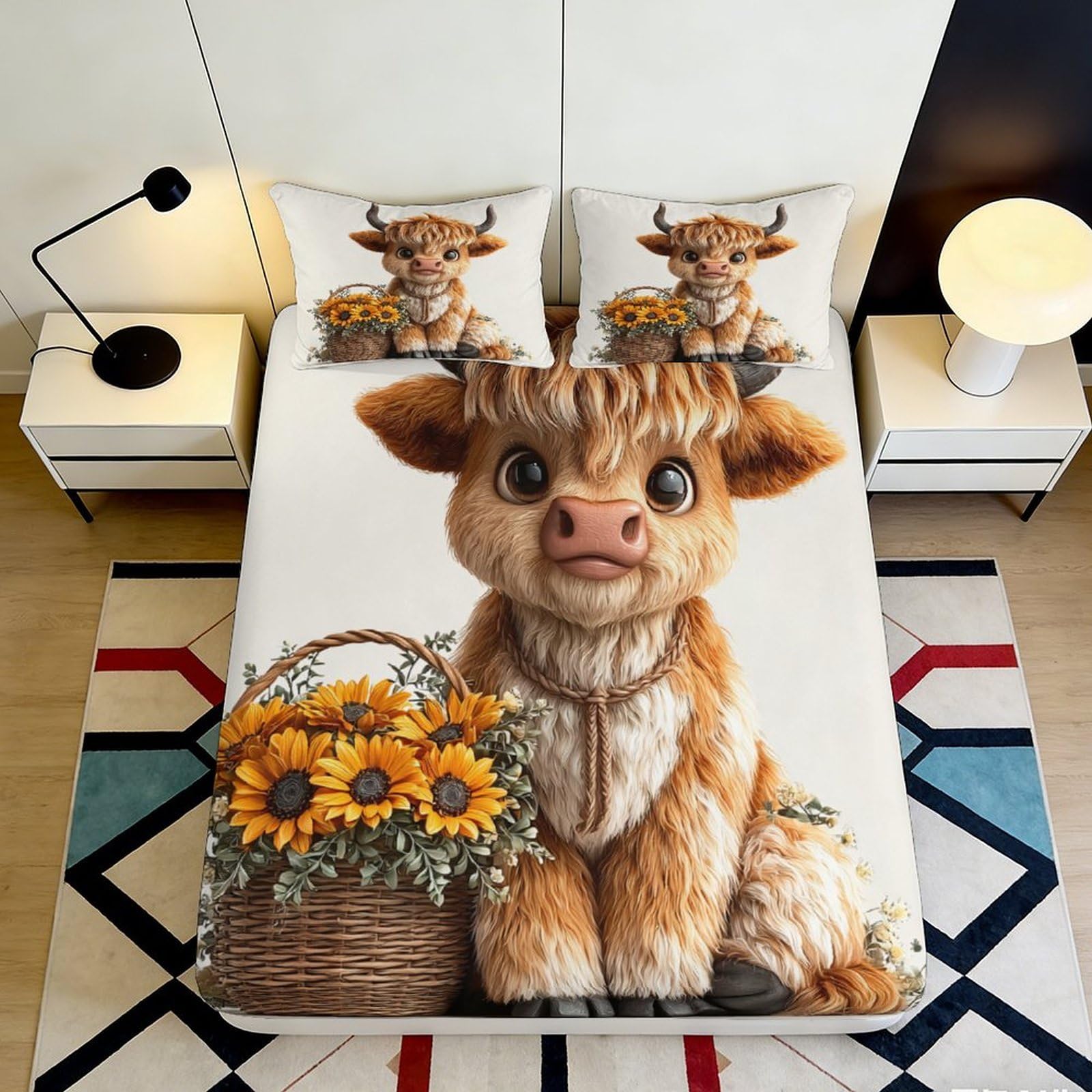 3D Printed Highland Cow Fitted Sheet Microfiber Sunflower Basket Mattress Cover for Bedroom Guest Room Decor 90x200x25cm