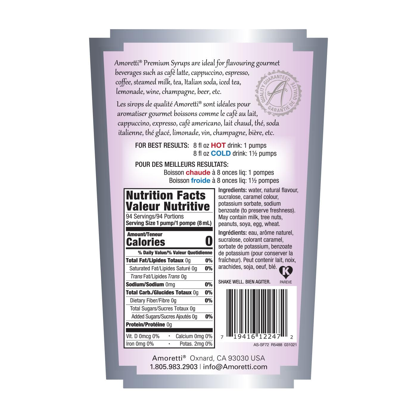 Amoretti - Sugar Free Dark Chocolate Syrup, 94 Servings Per Bottle (750 ml), with Pump for Flavoring Coffees, Cocktails, and other Beverages, Gluten Free, GMO/GEO Free, Preservative Free