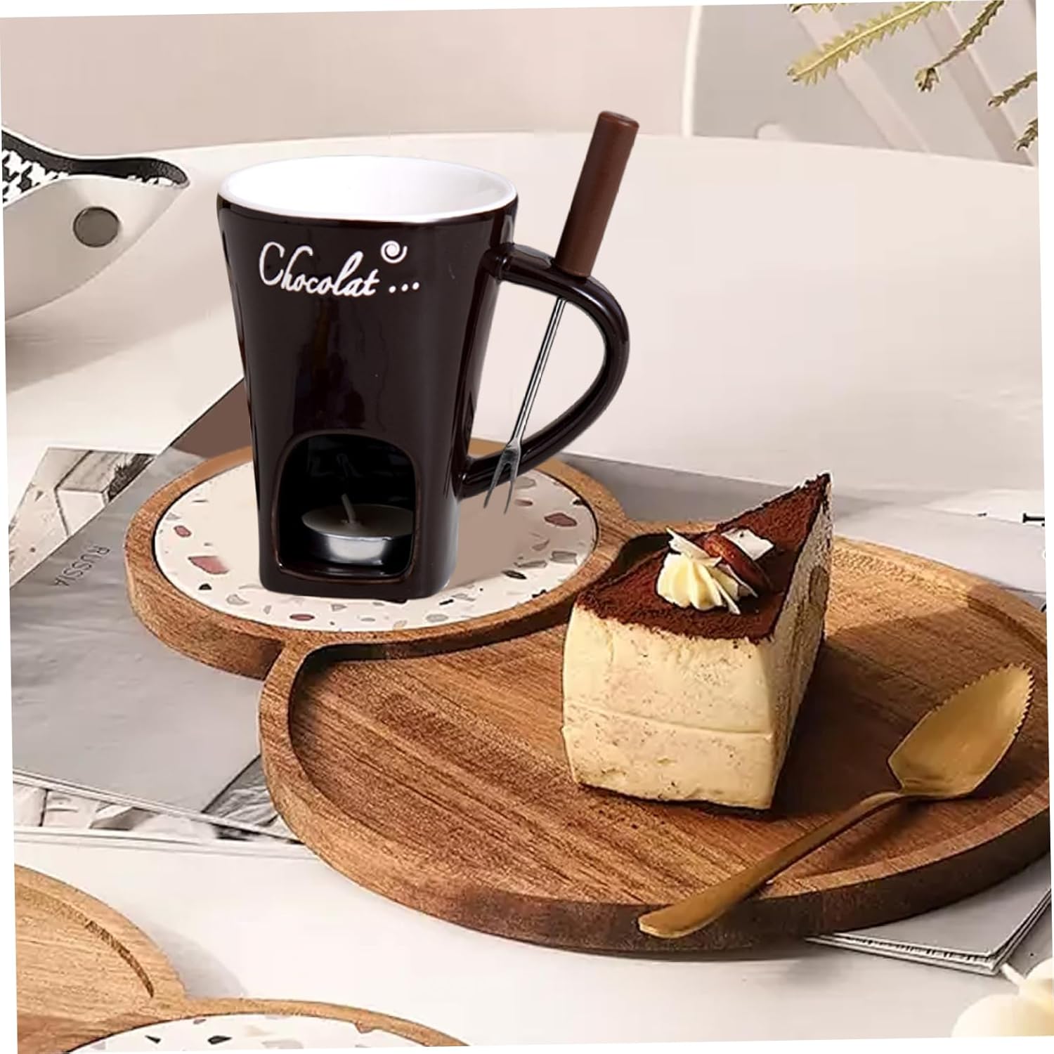 Chocolate Fondue Mug Set 3Pcs Heat Resistant Ceramic Fondue Cups with Forks Reusable Melting Pot for Cheese Chocolate Desserts Date Night Party.