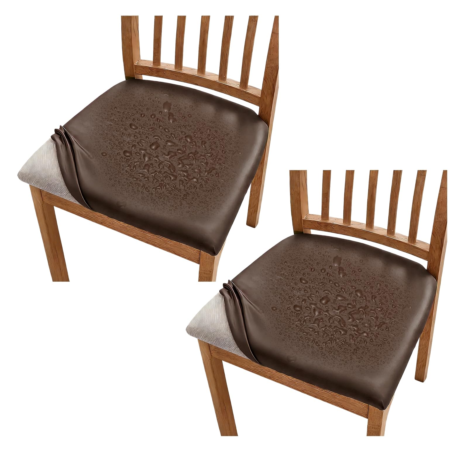 sourcing map 2Pcs PU Leather Covers for Dining Room Chairs, Soft Waterproof Dining Seat Covers Removable Stretch Chair Cushion Slipcovers with Elastic Band for Home, Kitchen(36-48cm, S, Brown)