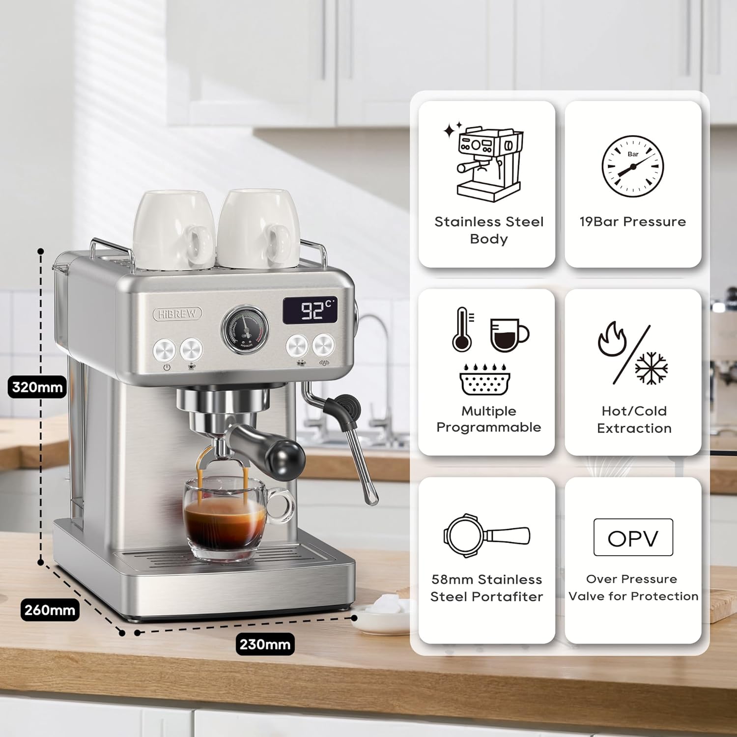 Diagram illustrating the dimensions of the HIBREW H10A Espresso Machine and highlighting key features like stainless steel body, 19-bar pressure, and programmable settings.
