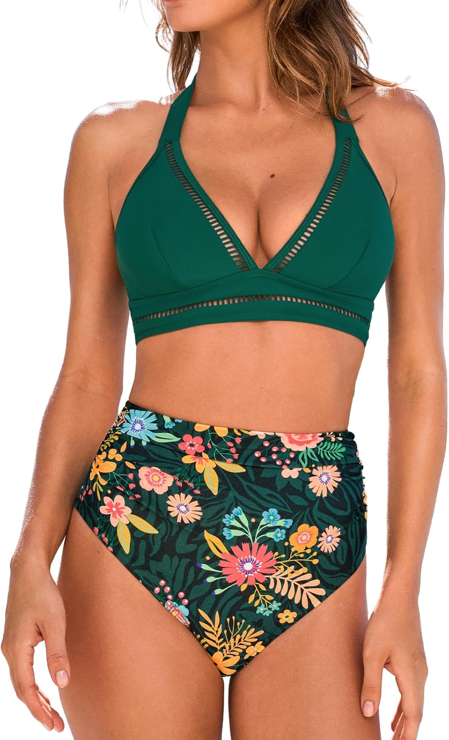 CUPSHE Women's Bikini Sets Two Piece Swimsuit High Waisted Bathing Suit V Neck Cutout Halter Back Tie