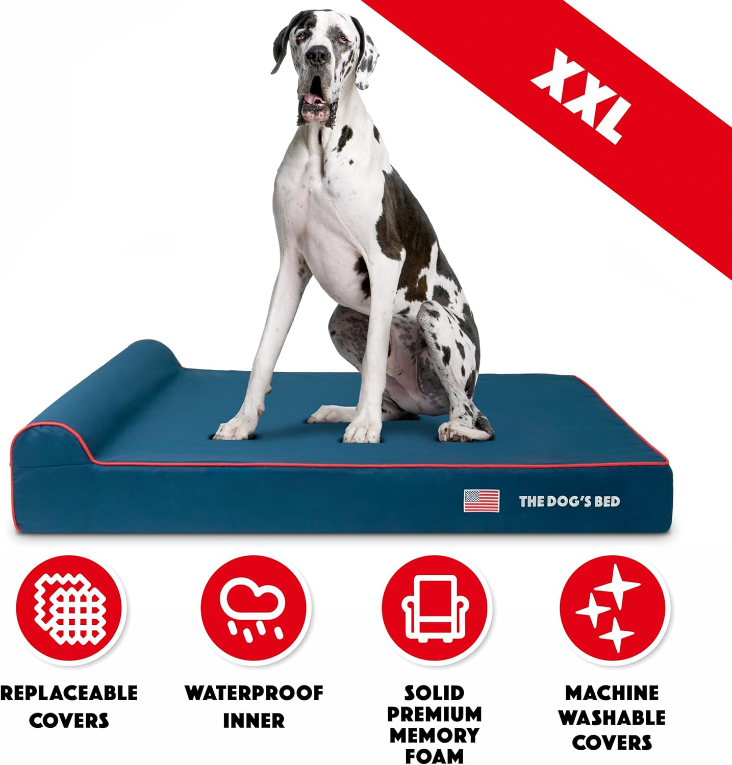 The Dog’s Bed Orthopedic Memory Foam Dog Bed with Headrest, Oxford Fabric, Blue with Red Trim USA Flag, XXL, 6-Inch