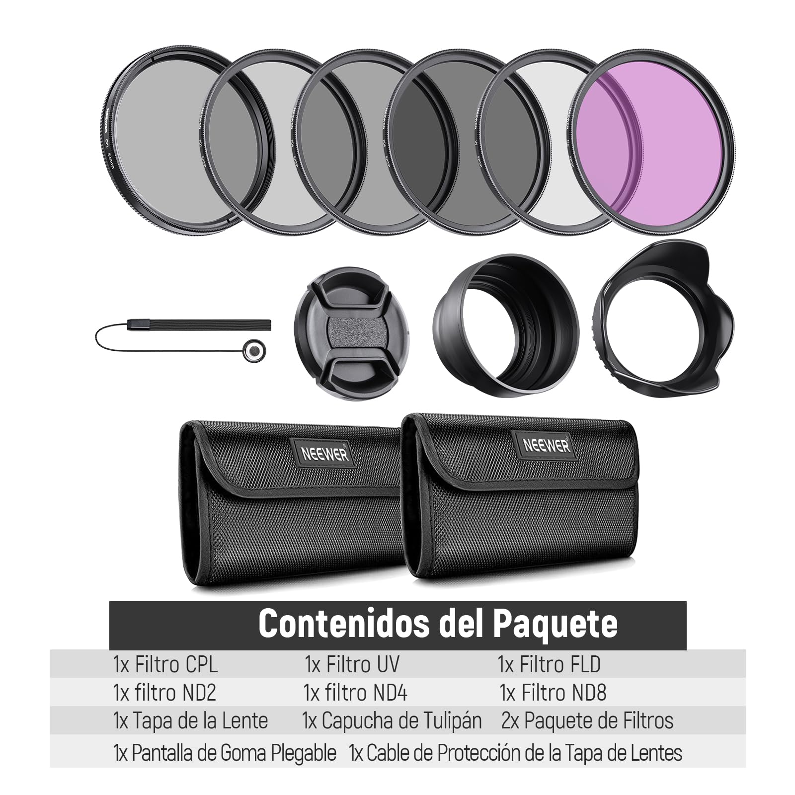 Neewer 52MM Profesional UV CPL FLD Lente Filtro y ND Filtro de Densidad Neutra(ND2. ND4. ND8) Kit de Accesorios para Pentax DSLR Cámaras