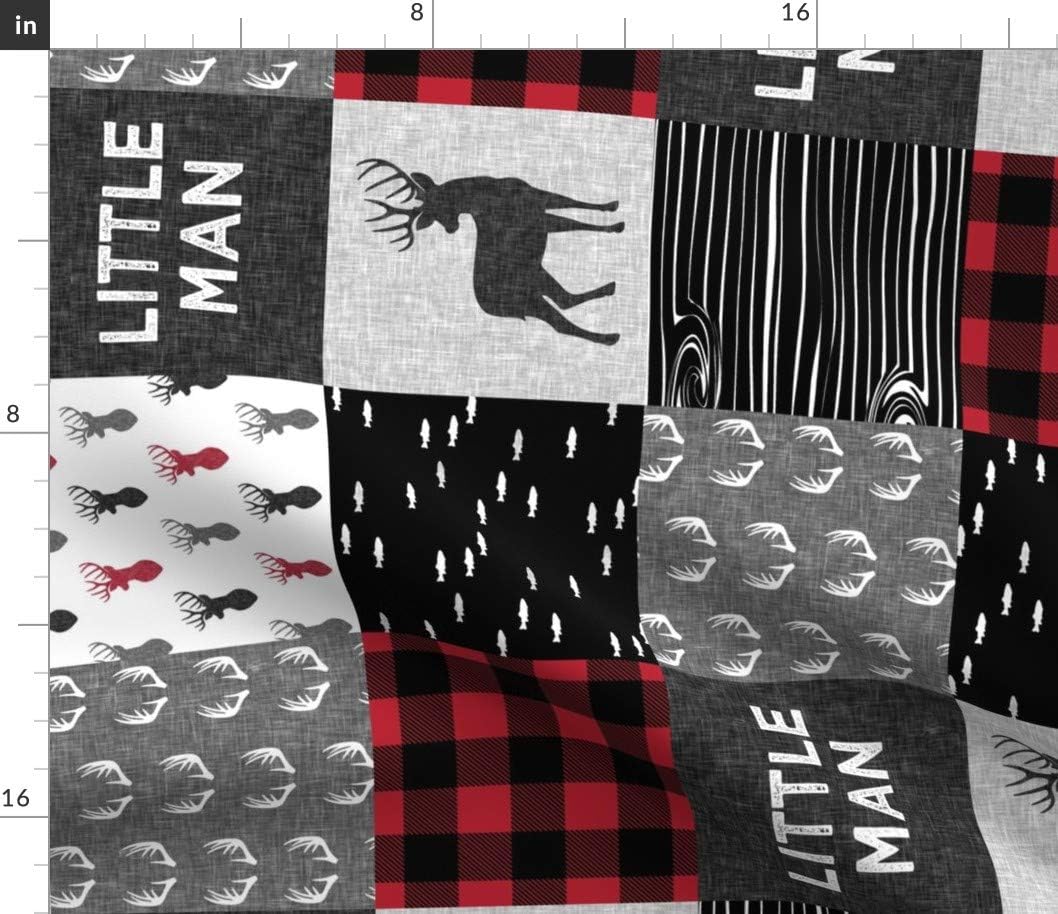 Spoonflower Fabric - Patchwork, Wholecloth, Boy, Woodland, Deer, Buck, Buffalo Plaid, Red Printed on Petal Signature Cotton Fabric by The Yard - Sewing Quilting Apparel Crafts Decor