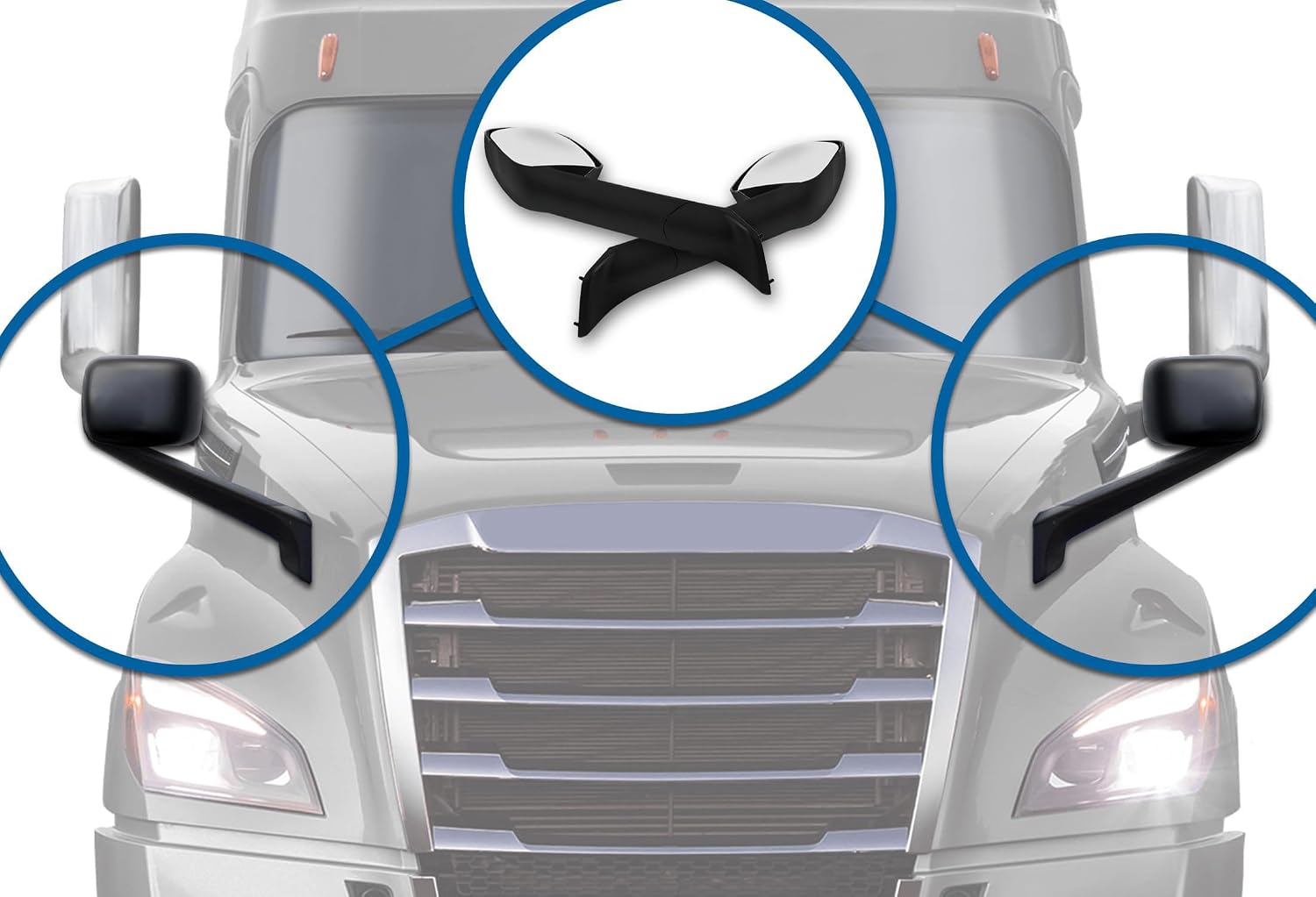 BLACK Hood Mirrors Assembly Set (Driver Left and Passenger Right Side) with Mounting Kit Compatible with Freightliner Cascadia 2018+ PLUS Logo, Windshield Wipers, Frame License Plate and Vest