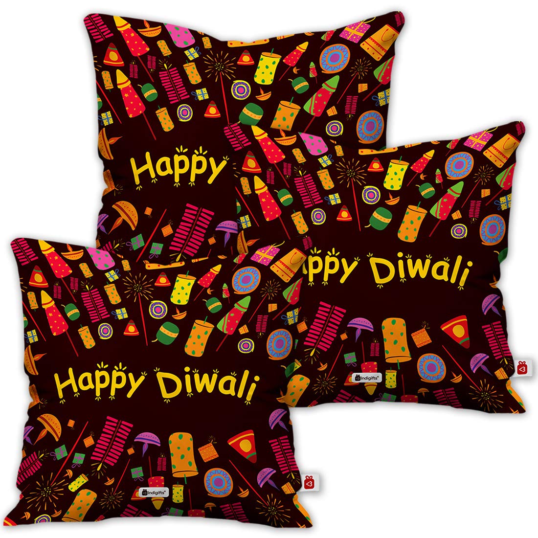 Indigifts IA Diwali Decoration Items Happy Diwali Quote Brown Cushion