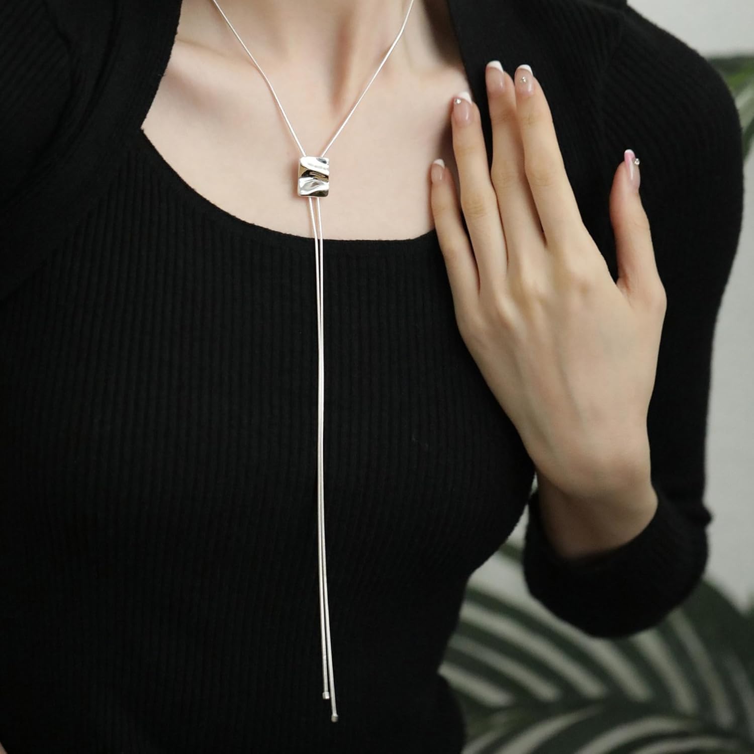 Silver Long Necklace for Women Y Chain Adjustable Slider Necklaces Fashion Dainty Jewelry - Image 2