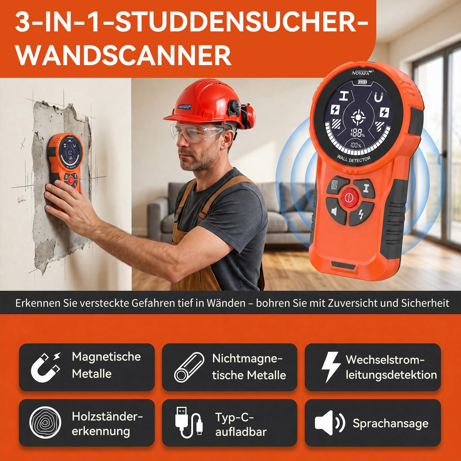 NOYAFA Leitungssuchgerät Ortungsgerät Leitungsfinder, Wiederaufladbar, HD-LCD-Display, für Metall, Holzbalken Mitte & Kante, AC-Stromleitung & Rohr