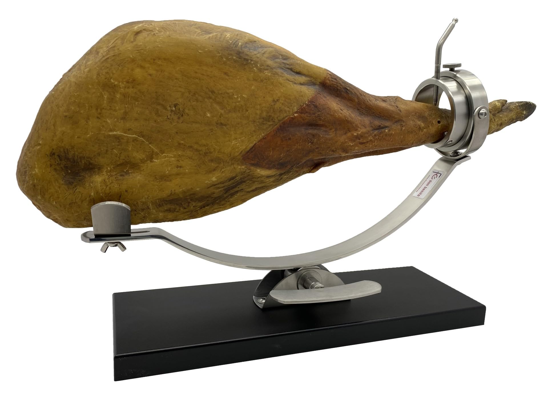Flores Cortés 17928 Jamonero profesional O Soporte Jamonero, Plateado acero INOX con base de fibra NEGRA + set de CORTE CUCHILLO Y CHAIRA ARCOS NIZA + pinza + CUBRE JAMON LepantoHouse