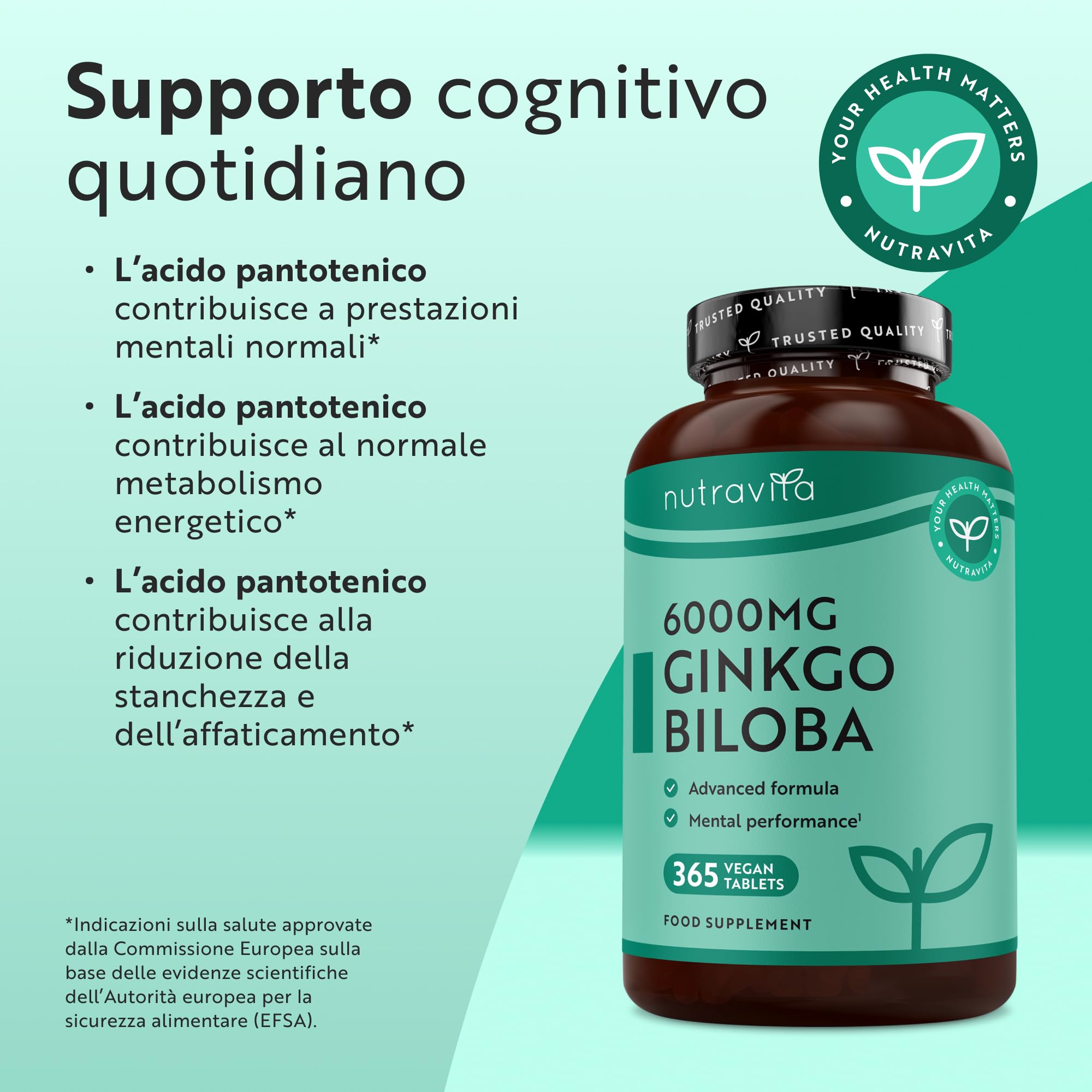 Nutravita Ginkgo Biloba 6000 mg – 365 Compresse Vegane per 1 Anno – Ginko Biloba Integratore Alimentare con Vitamina B5 (Acido Pantotenico) – Estratto 50:1