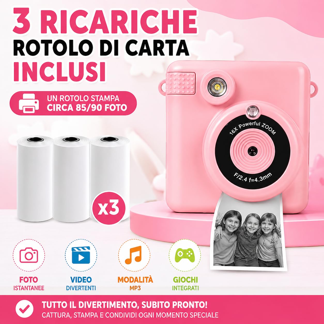 Fotocamera Istantanea Digitale per Bambini con Stampa Termica con 3 ROTOLI piu di 150 Foto, Registra i Video, Modalità MP3, Playback Multimediale e Giochi Integrati (Azzurro)