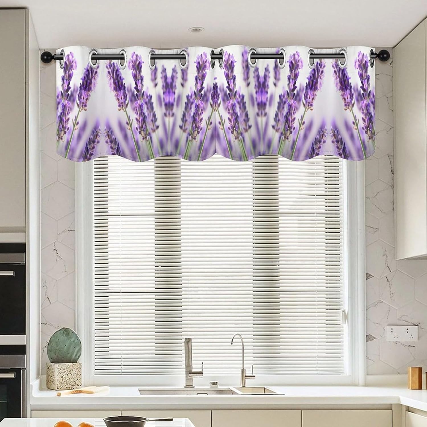 Lavender Flower Printed Short Window Curtains, Grommet Small Valance, Decorative Short Curtains Suitable for Window Sills in Bedrooms, Living Rooms, Kitchens, Etc