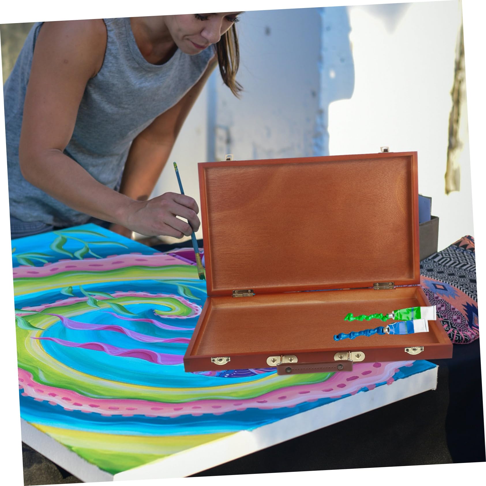 Housoutil Scatola in Legno per Pennelli e Matite da Disegno Valigetta da Pittura Portatile con Manico Custodia Rigida Multifunzione per Acquerelli e Oli Adatta Scuola e Hobby Artistici