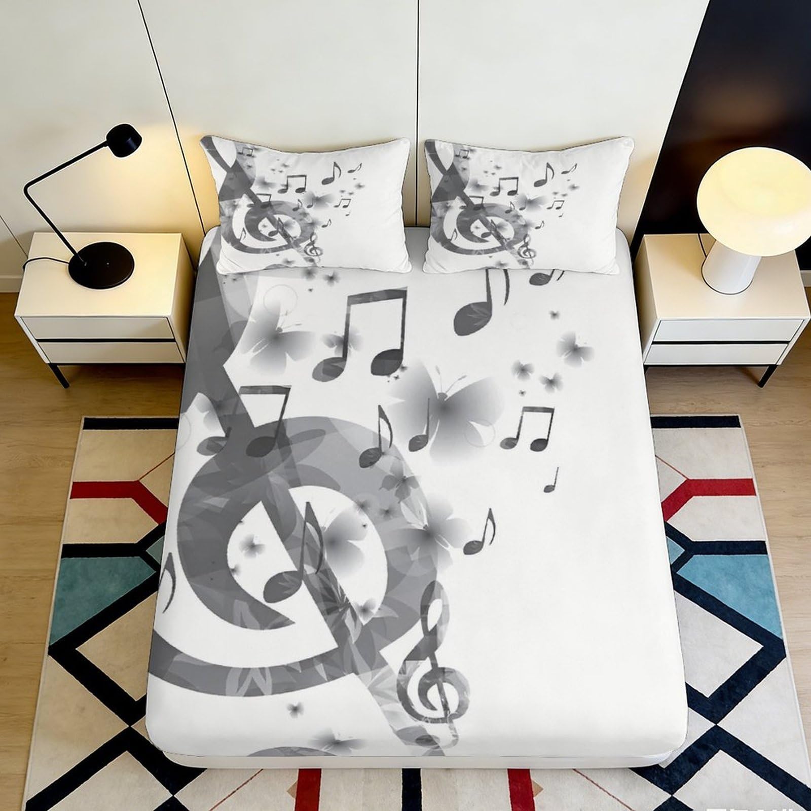 3D Printed Musical Notes Fitted Sheet Microfiber Soft Breathable Butterfly Bed Cover for Bedroom Dormitory Guest Room Mattress Protection Decor 160x200x25cm