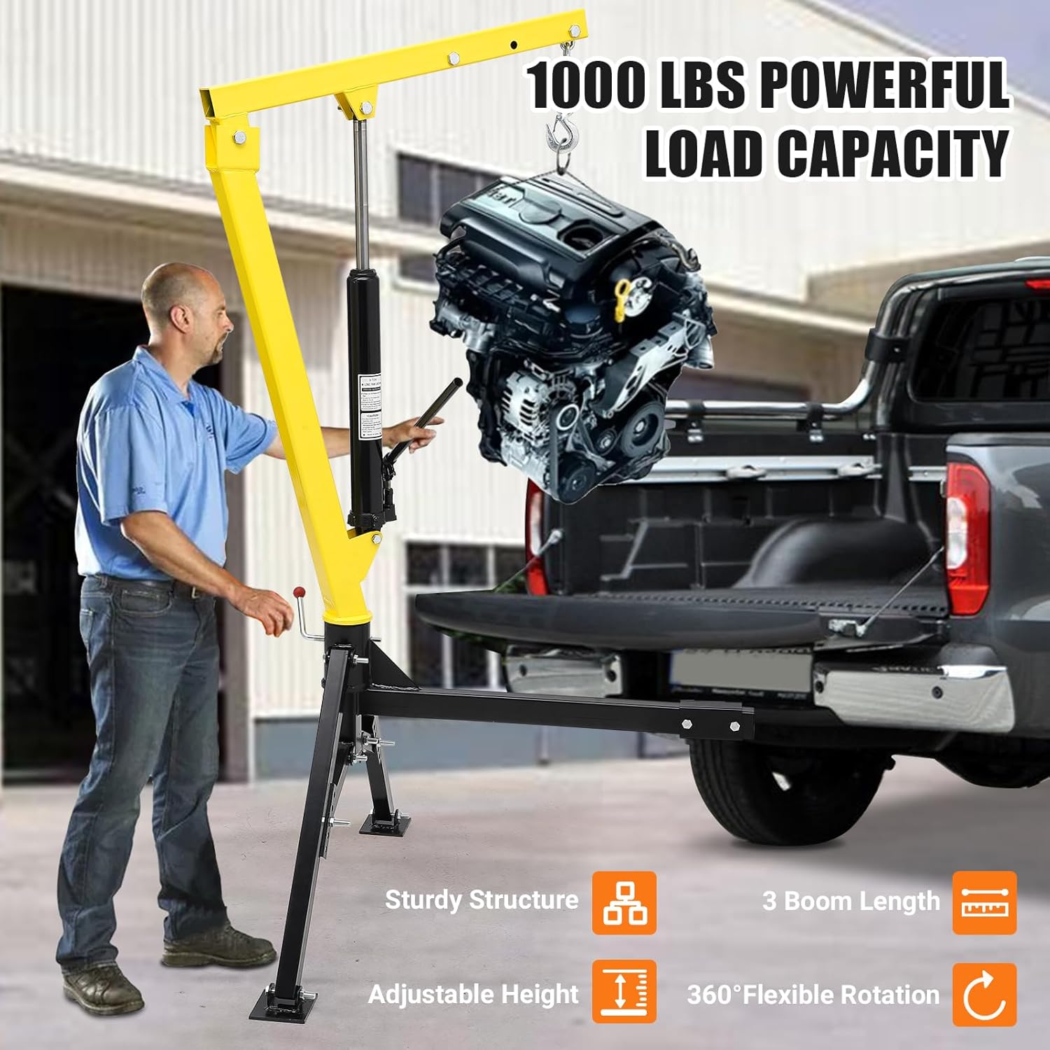 Hydraulic Pickup Truck Crane, 1000 lbs Capacity, 360°Swivel, Hitch Mounted Crane with 3 Adjustable Capacities of 500 Lbs, 750 Lbs and 1000 Lbs for Lifting Goods in Construction, Industry(Yellow)