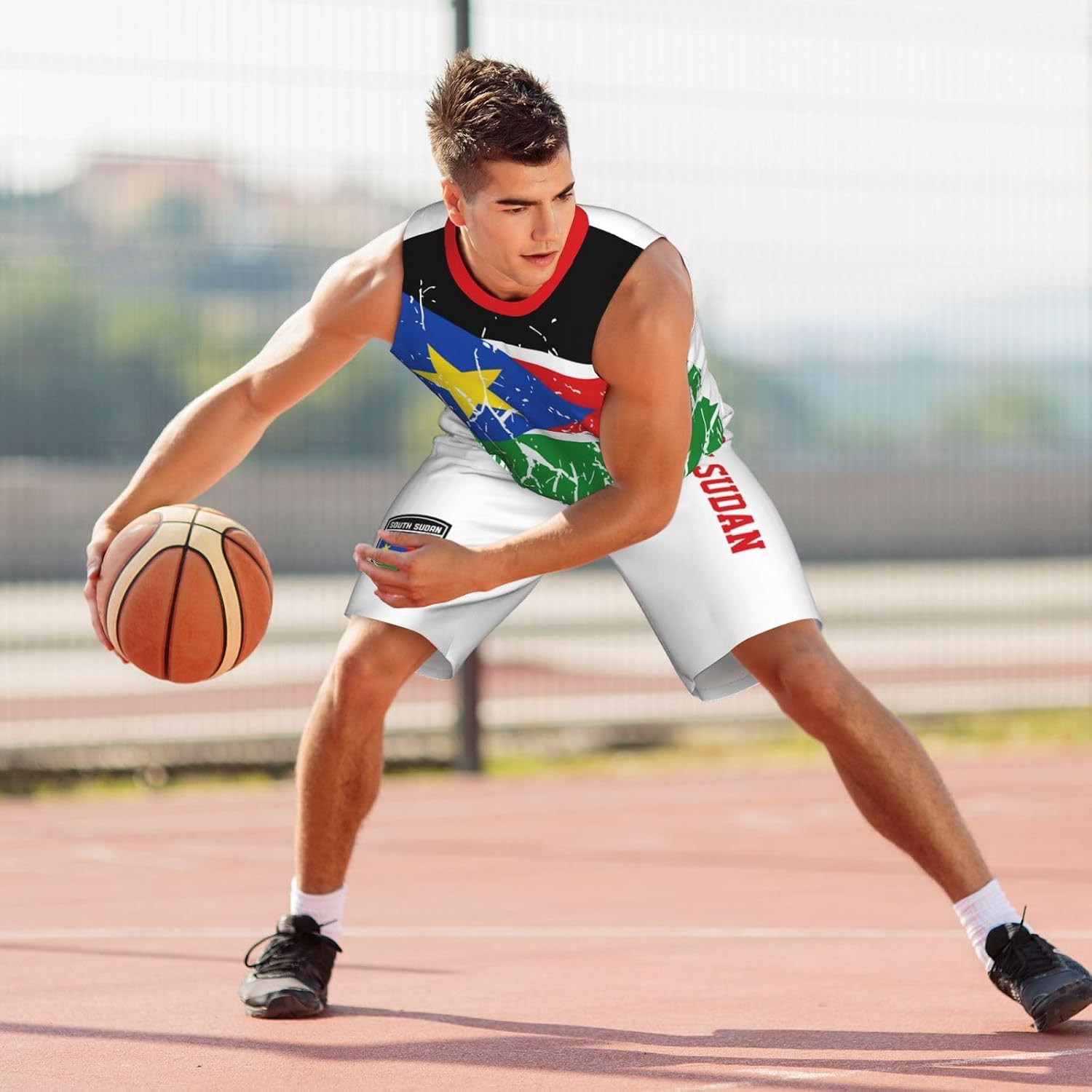 South Sudan Flag Grain (1) Basketball Jersey Uniform Suit for Men Adults Training Athletic Set