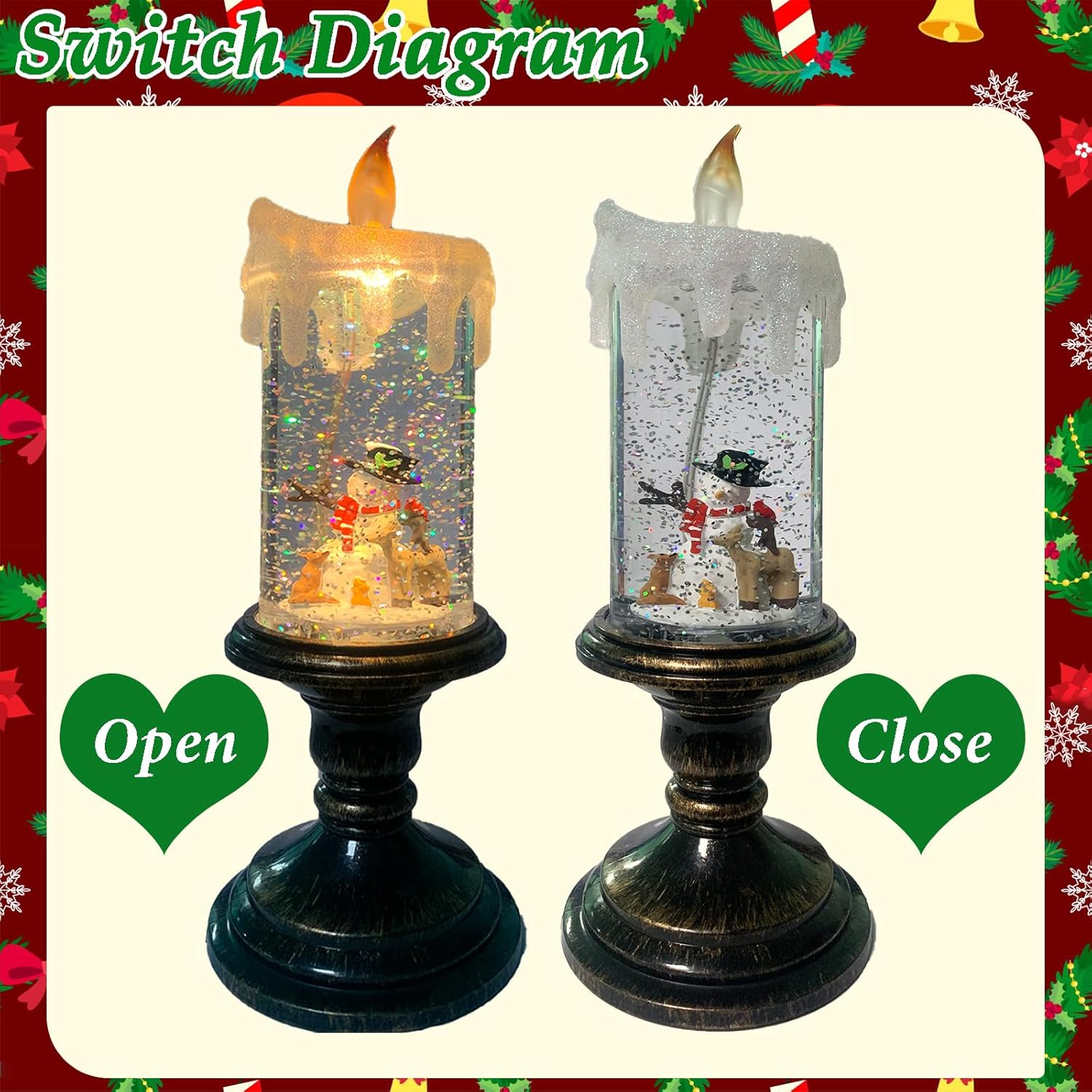 Christmas Flickering Flameless Candles Christmas Snow Globe Candle Light Swirling Water Glittering Spinning Candles with 6 Hours Timer for Home Christmas Gift Decorations (Snowmen)