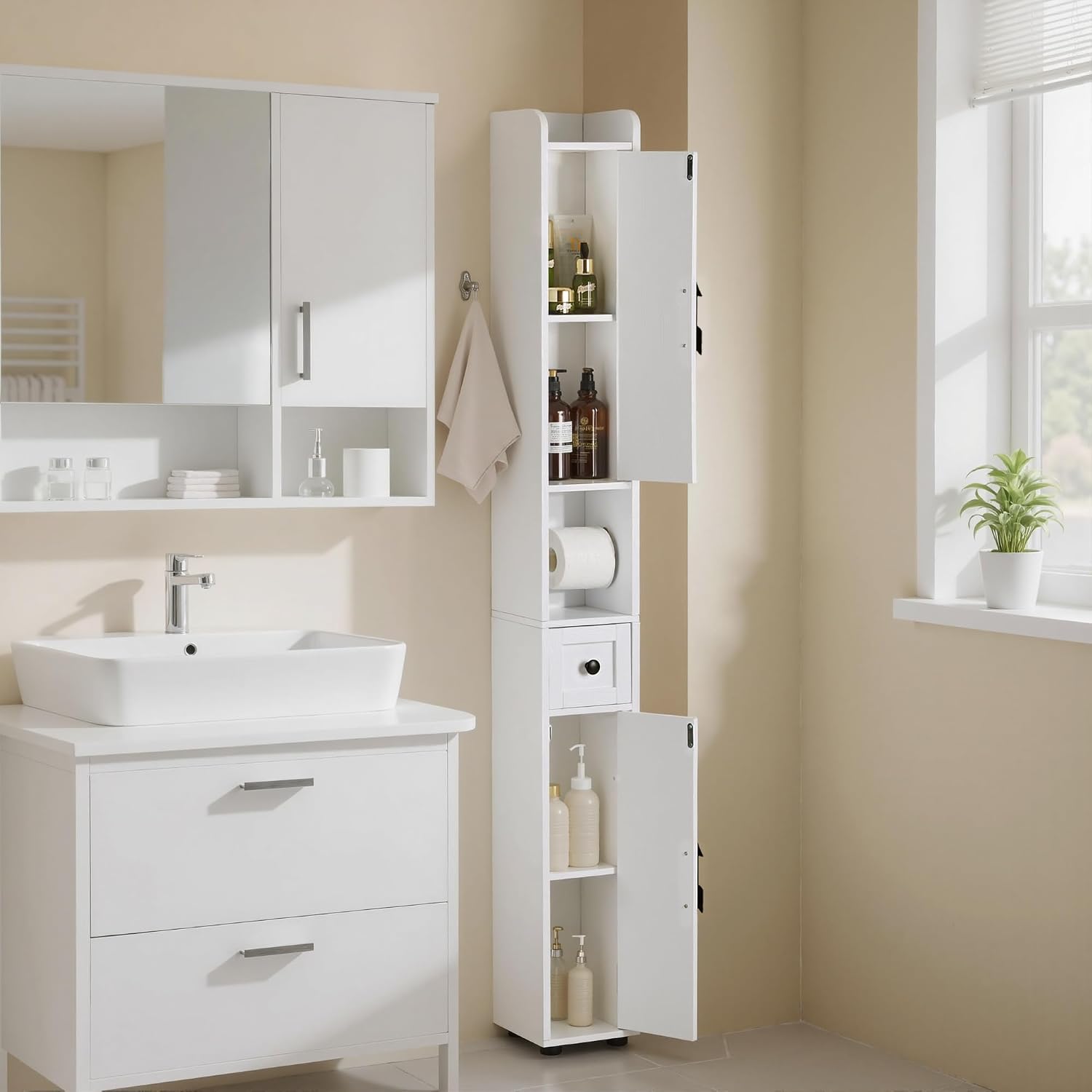 VECELO Storage Cabinet, 67" Tall Narrow Bathroom Cabinet with Adjustable Shelves, Toilet Paper Holder, 2 Magnetic Doors & Drawer, for Small Spaces, Pearl White