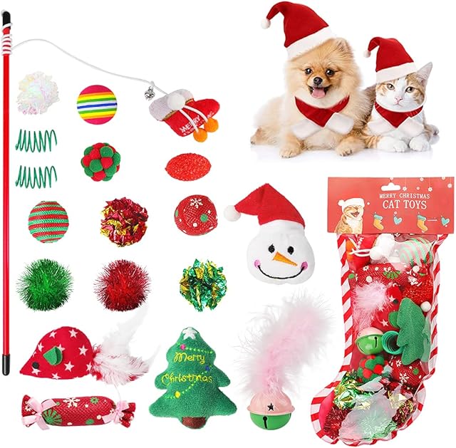 JUSTDOLIFE Cat Toys, 18PCS Cat New Year Christmas Toys Set Kitten Toys Cat Toys for Indoor Cats Mice Toy Cat Teaser Wand - Christmas Stocking Gift Spree for Cats