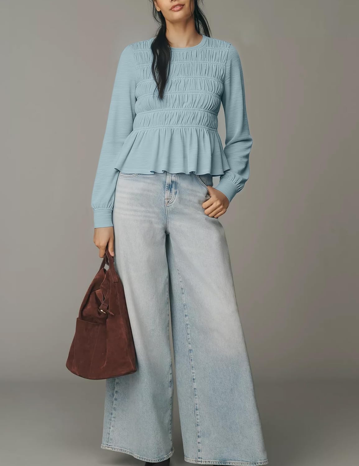 OPCAKM Womens Smocked Shirred Peplum Blouse Long Sleeve Crew Neck Ruffle Babydoll Tunic Chic Slimming Pullover Top - Image 7