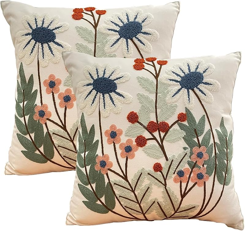 Juego de 2 fundas de almohada, funda de almohada con patrón de hojas bordadas, cojín cuadrado de algodón, funda de almohada para sofá dormitorio, 18.0 x 18.0 in.