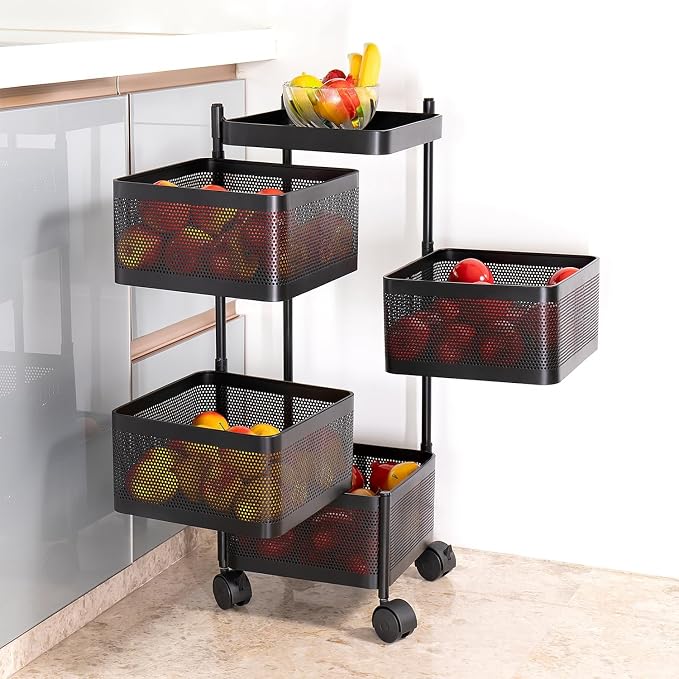 Kitchenwell Multi-Purpose Trolley Storage Organizer and Kitchen Accessories Items for Kitchen Storage Rack Square Design Fruits & Vegetable Onion Cutlery Matt Black 4 Layer Drawer