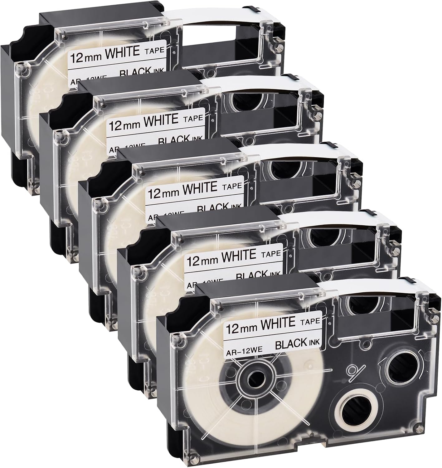 GREENCYCLE 5PK Compatible for Casio Label Maker Tape XR-12WE XR-12WE2S 12mm 1/2" Black on White Label It for EZ Label Maker KL-60 KL-100 KL-120 KL-430 KL-750 KL-780 KL-820
