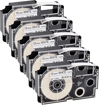 GREENCYCLE 5PK متوافق مع شريط صانع الملصقات Casio XR-12WE XR-12WE2S مقاس 12 مم 1/2 بوصة أسود على أبيض ملصق It لصانع الملصقات EZ KL-60 KL-100 KL-120 KL-430 KL-750 KL-780 KL-820
