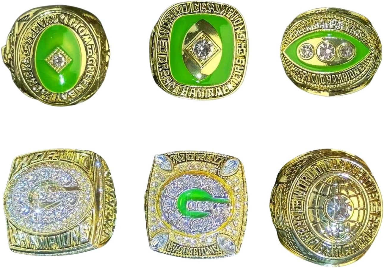 GIFT SET GREEN BAY rugby 1961 1965 1966 1967 1996 2010 WORLD CHAMPIONSHIP RING, 6 RINGS SET WITH 6-HOLE WOODEN DISPLAY BOX PACKAGING, HOLIDAY GIFT FOR BASEBALL FANS