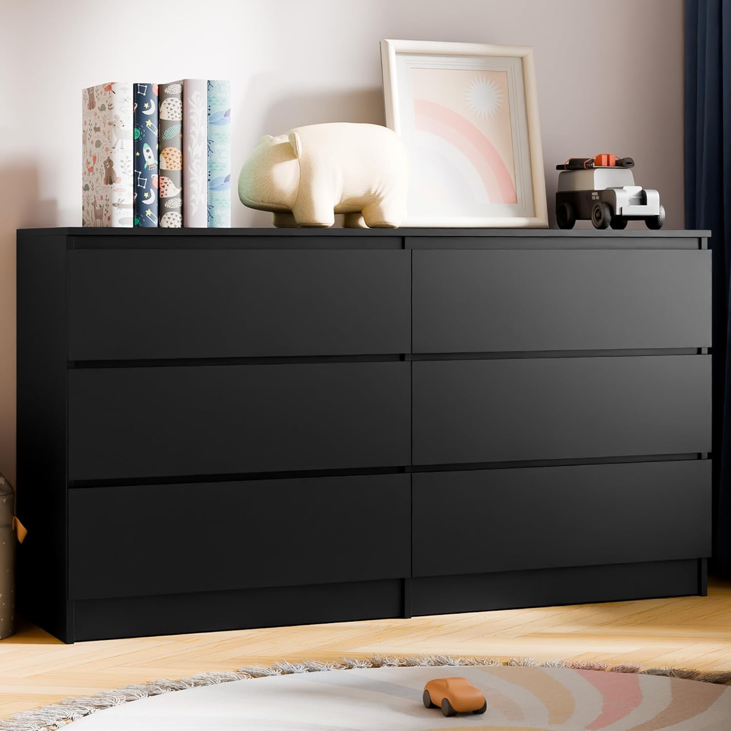 Cozy Castle 6-Drawer Storage Cabinet – 51.9″ Wide Dresser with Countertop, Modern Wood Chest with Deep Drawers, Chest of Drawers, Handleless Modern Design for Living Room, Entryway, Hallway (Black) Cozy Castle 6-Drawer Storage Cabinet – 51.9″ Wide Dresser with Countertop, Modern Wood Chest with Deep Drawers, Chest of Drawers, Handleless Modern Design for Living Room, Entryway, Hallway (Black)