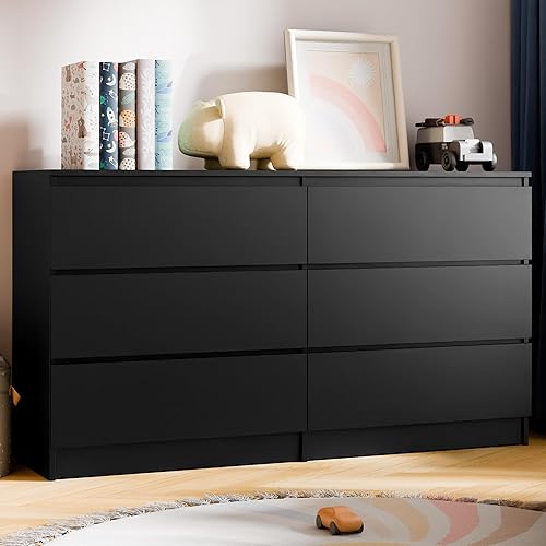 Cozy Castle 6-Drawer Storage Cabinet - 51.9" Wide Dresser with Countertop, Modern Wood Chest with Deep Drawers, Chest of Drawers, Handleless Modern Design for Living Room, Entryway, Hallway (Black)