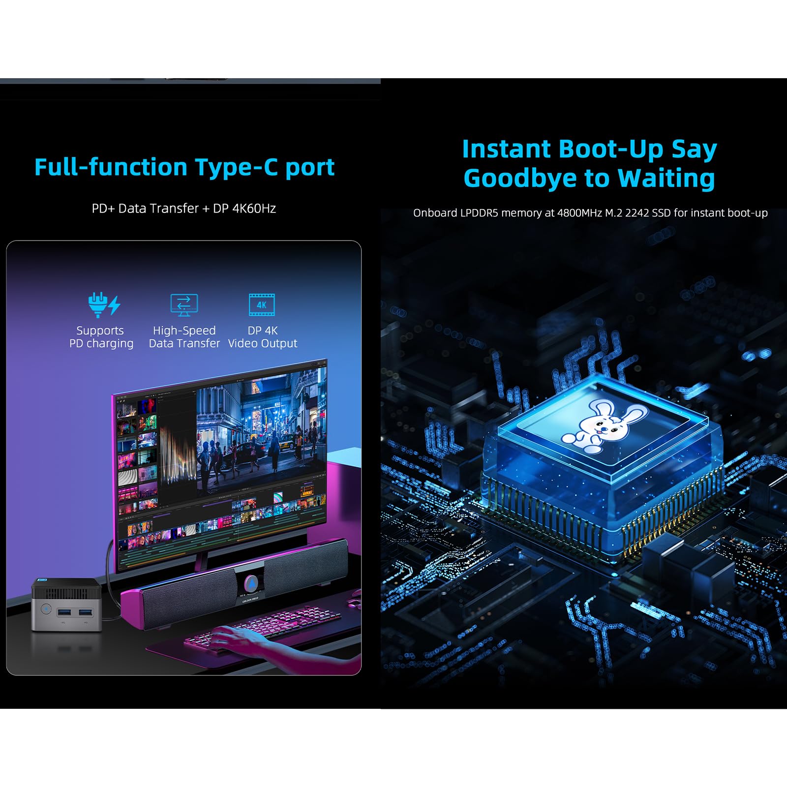 youyeetoo BY53 Mini PC, Intel N150 CPU - up to 3.6GHz, 12GB LPDDR5 4800MHz RAM, 0GB - 512GB M.2 NVME SSD, Mini Gaming PC, with USB-C DP, HDMI 2.0 4K, for Office/HTPC (BY53(12GB+ no SSD))