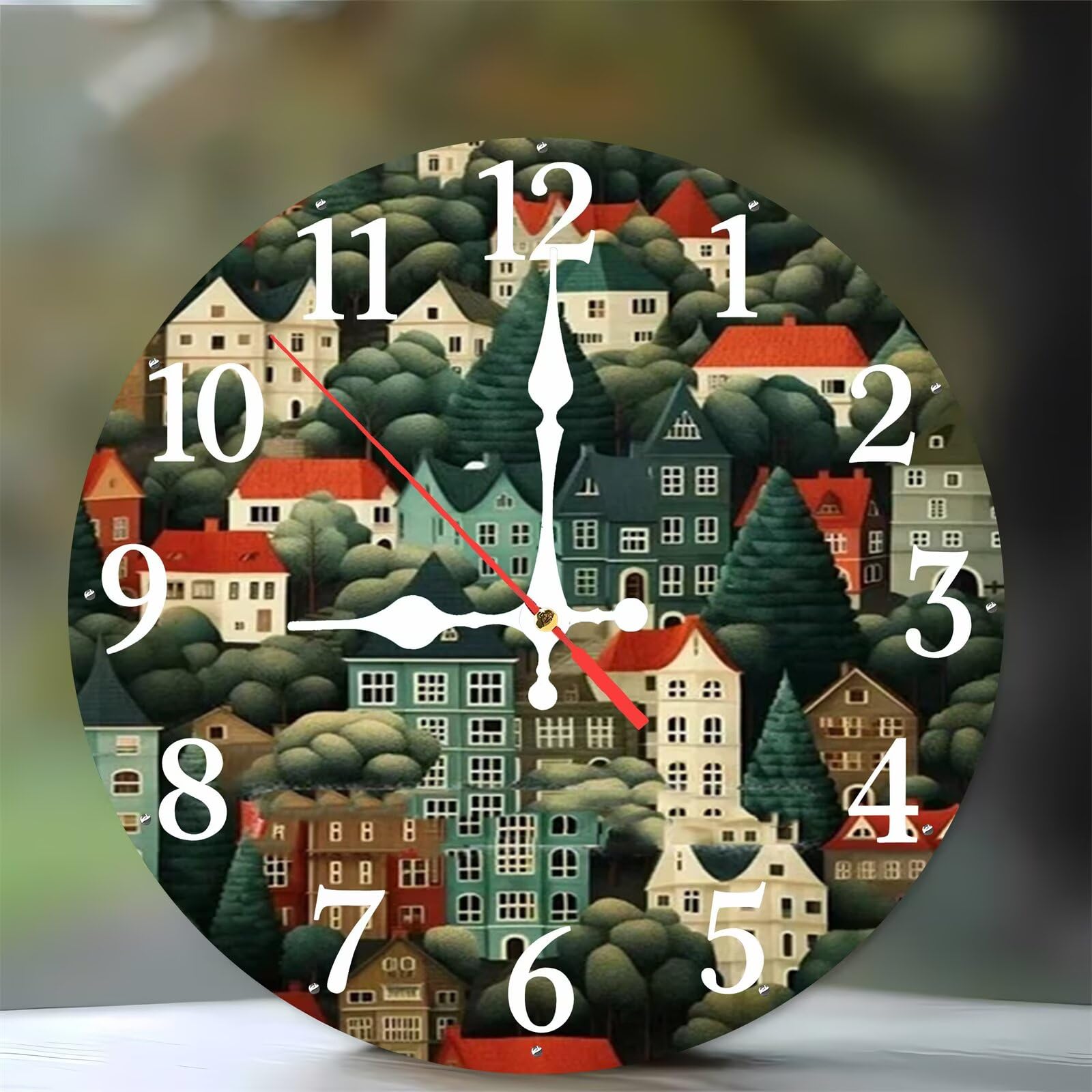 Horloge murale cuisine et salon au motif village vert en bois de 35 cm