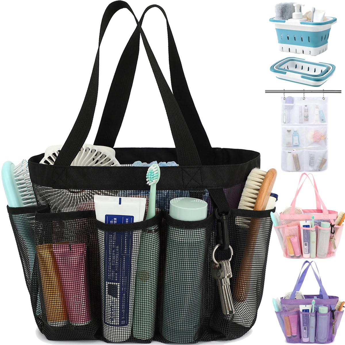 Fammart Mesh Shower Caddy Portable for College Dorm Room Essentials 8-Pocket Large Shower Basket Tote Bag with 2