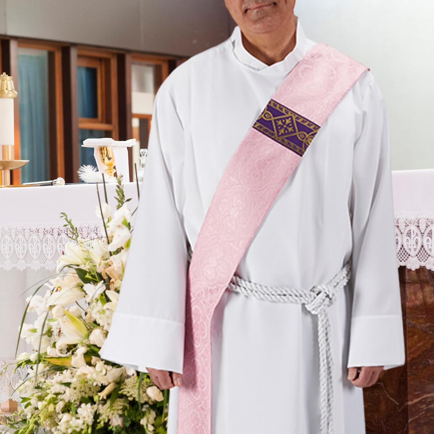 Needzo Rose Colored Deacon Stole, Catholic Priest Clergy Attire, 110” L with 3 Inch Fringe