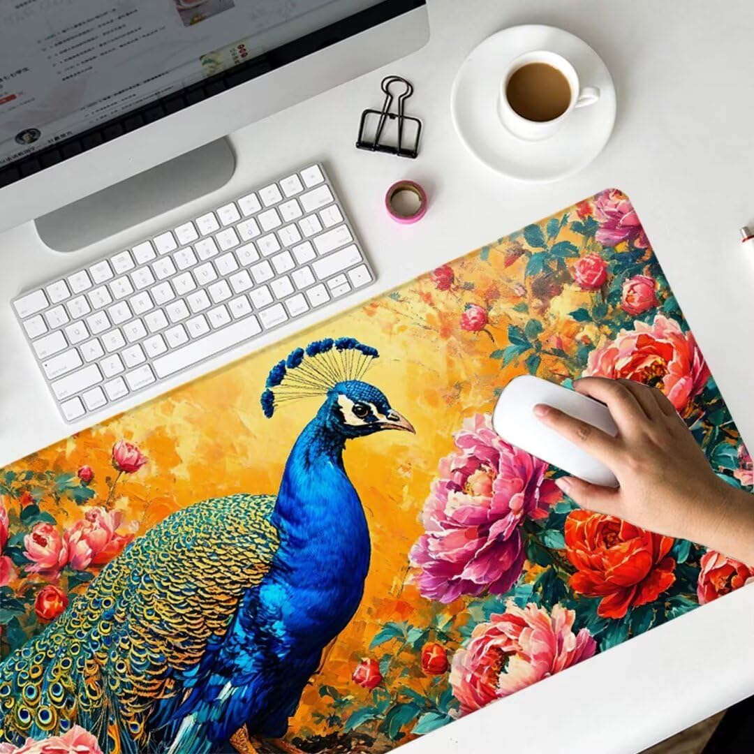 Podkładka pod mysz do gier, 1600x800x3mm duża podkładka pod mysz z pawiami dla graczy, podkładka pod mysz z piwonią, szyta podkładka pod mysz, antypoślizgowa gumowa podstawa, dekoracja biurowa ZH-326