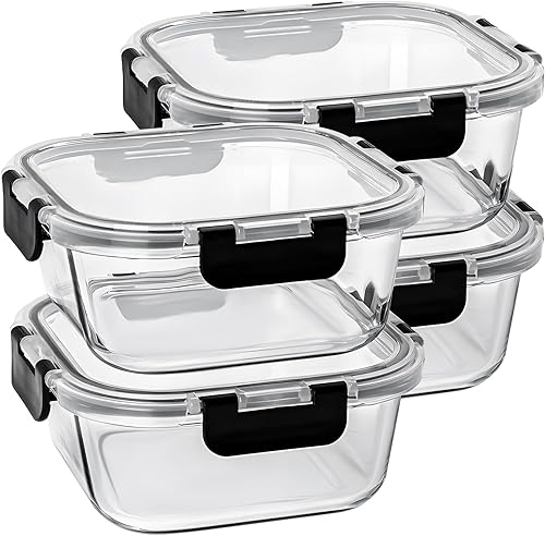 27 oz Glass Food Storage Containers with lids, 4 Pack Square Sandwich Containers/Box for Meal Prep, 3.3 Cup Glass Meal Prep Containers, Microwave,