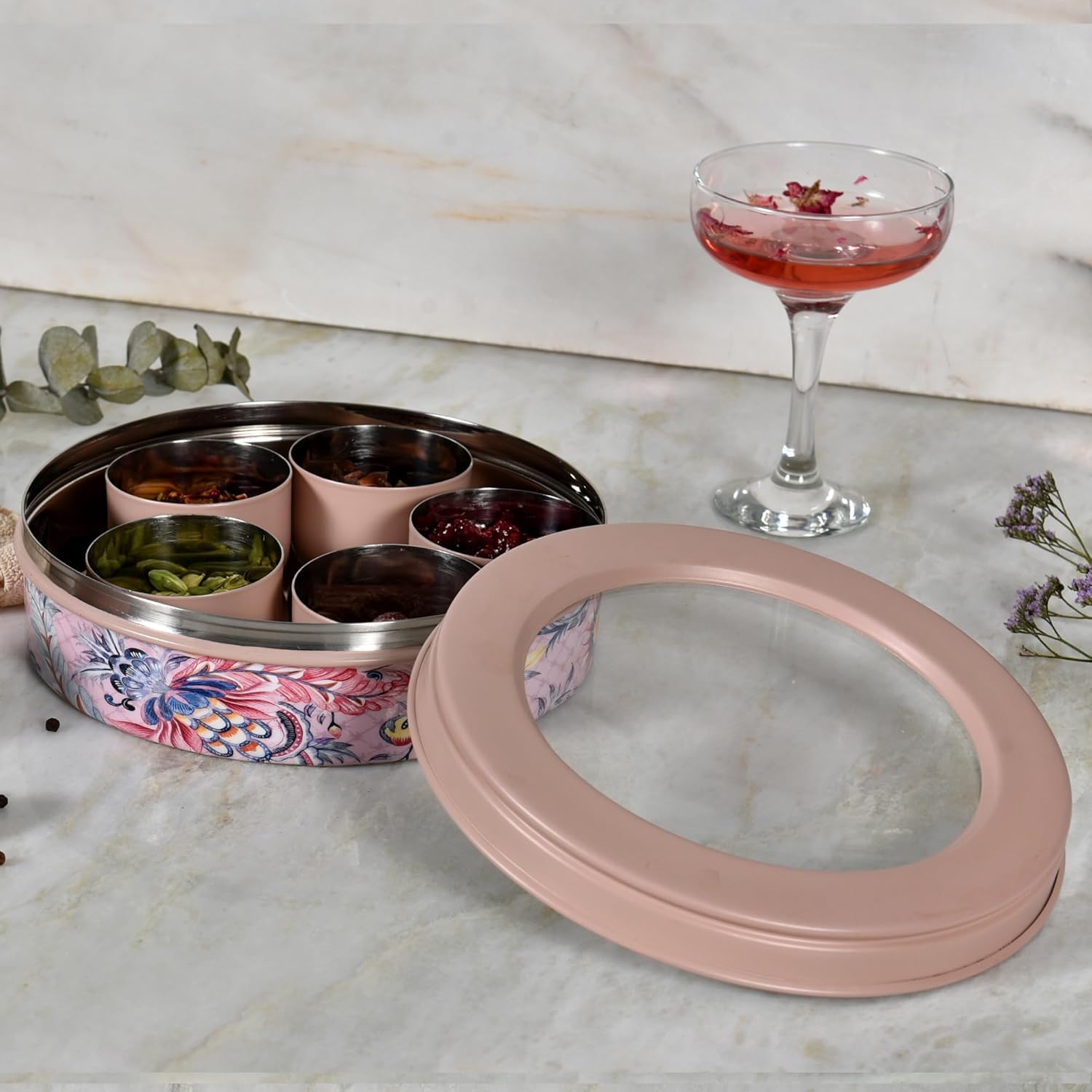 Elan Stainless Steel Masala Box | Spice Storage Container | Masala Dani With 7 Containers And Small Spoon | Masala Dabba For Kitchen See Through Lid | Kitchen Spice Organiser (Colorful),Multicolor