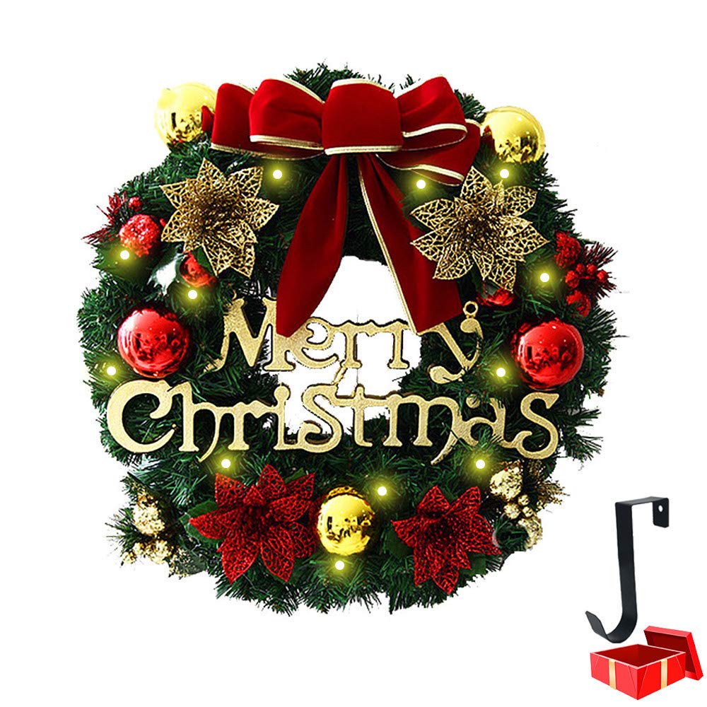 Guirnalda de Navidad Puerta, Morbuy Guirnalda Corona Navideñas Decoración de Artificial Flor Ratán con Grande Bowknot Bola Decorativa Colgante Adornos y Batería Luz (40cm,Bowknot)
