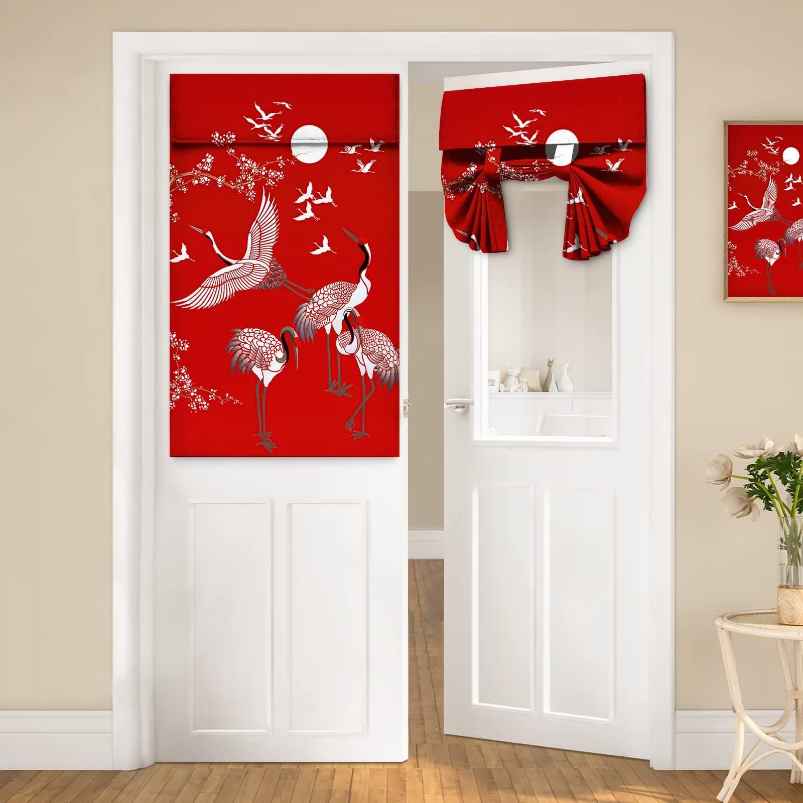 ICMOLYYENLO Door Curtains，Asian Japanese Style Printed Red Bird Curtain Kitchen Sliding Door Small Window Glass Decoration 26x40 Inches 1 Piece
