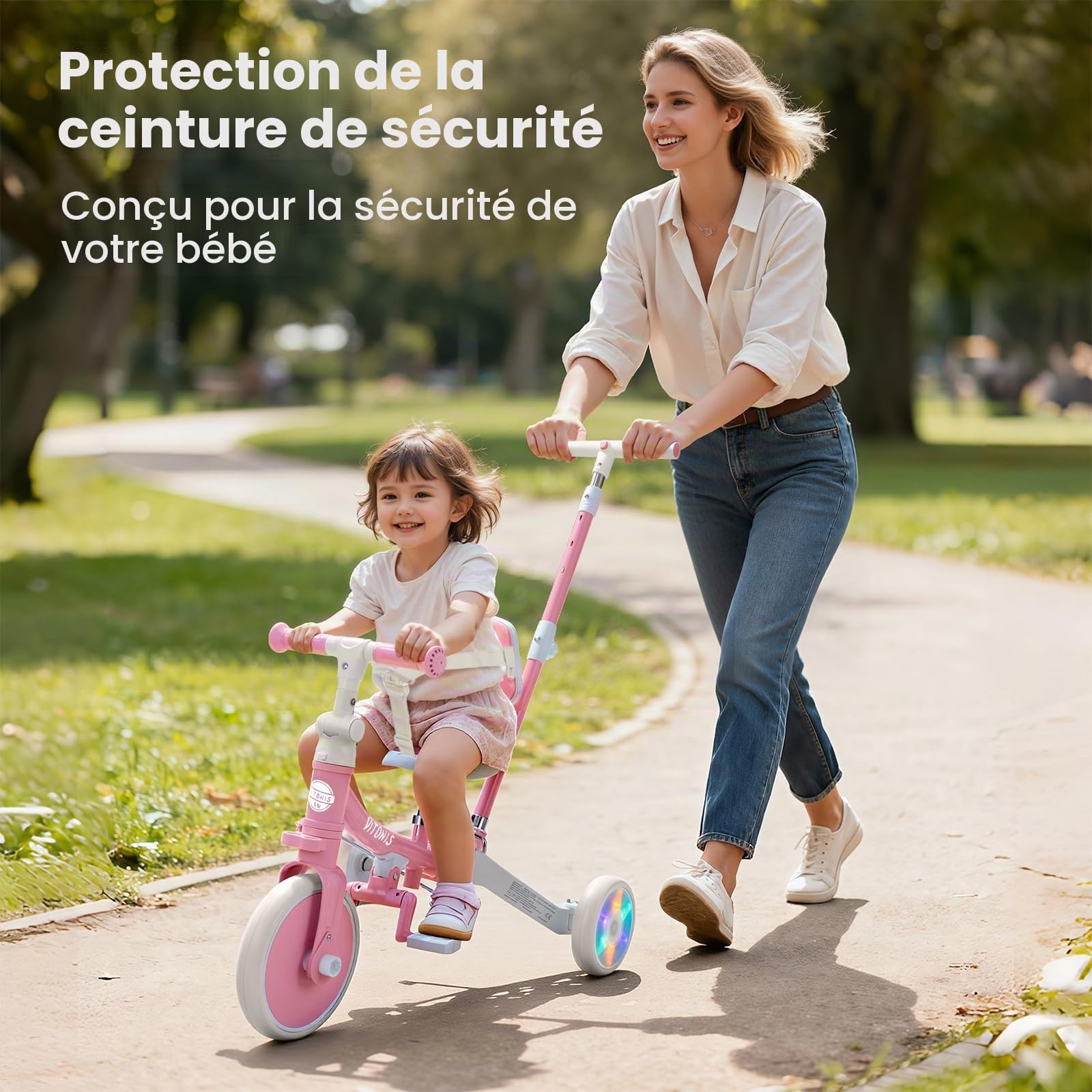 VITONIS Tricycle 5 en 1 pour Enfants de 18 Mois à 3 Ans, avec Roues Clignotantes, Tricycle avec Barre de poussée, Dossier et Ceinture de sécurité, Cadeau, vélo sans pédales, Rose