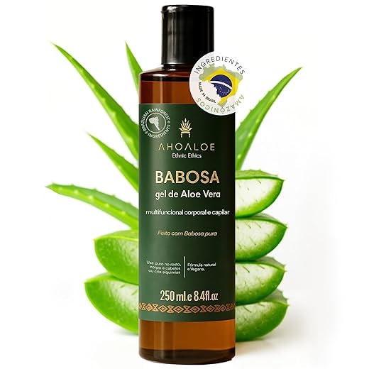 AHOALOE Babosa Puro Gel de Aloe Vera - Gel Multifuncional Corporal e Capilar - Hidratação Profunda - Rico em Vitaminas e Nutrientes - Revitaliza e Regenera - Todos os Tipos de Pele e Cabelo - 250ml