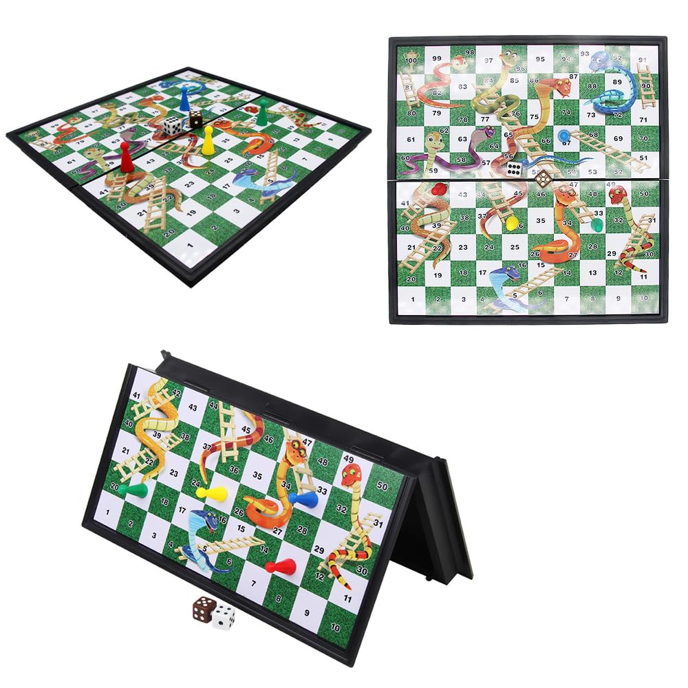POFET Juego de Mesa Plegable magnético Snakes and Ladders, Juego de diversión Familiar