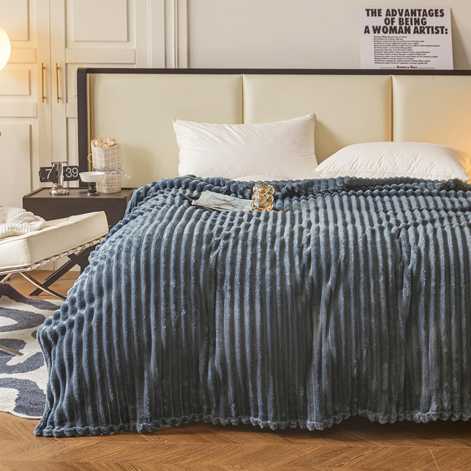 Bunny Blanket, Fleece Throw Blanket for Couch - Luxuriously Soft & Lightweight Rabbit Plush Blanket, Striped Cozy Fluffy Throw, Valentine‘s Gift for Her, Women, Girls (Dark Grey,79x90inch/200x230cm)